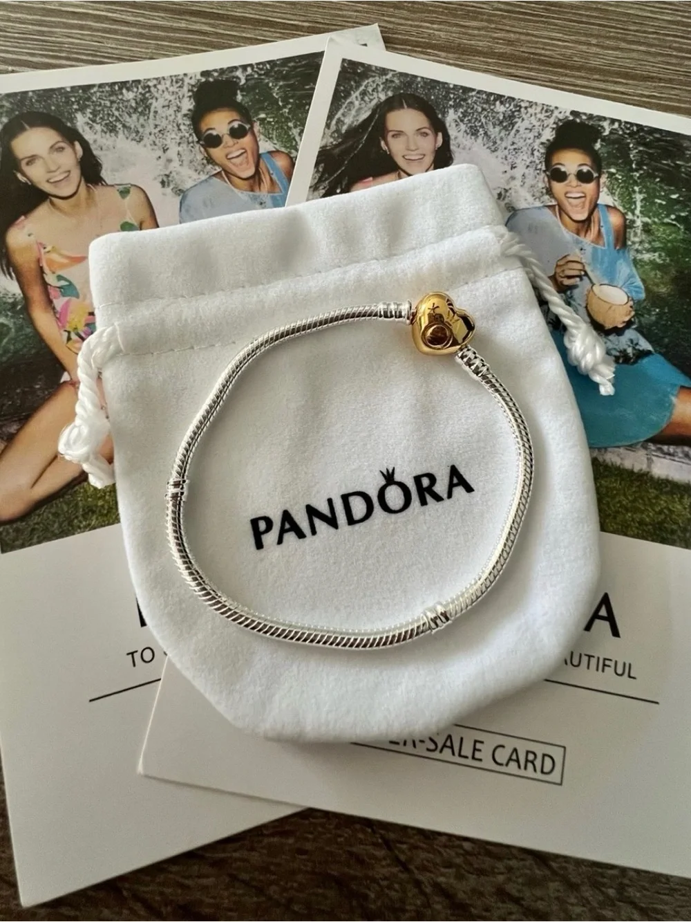 Pandora Silver Snake Chain Bracelet with Gold Heart Clasp